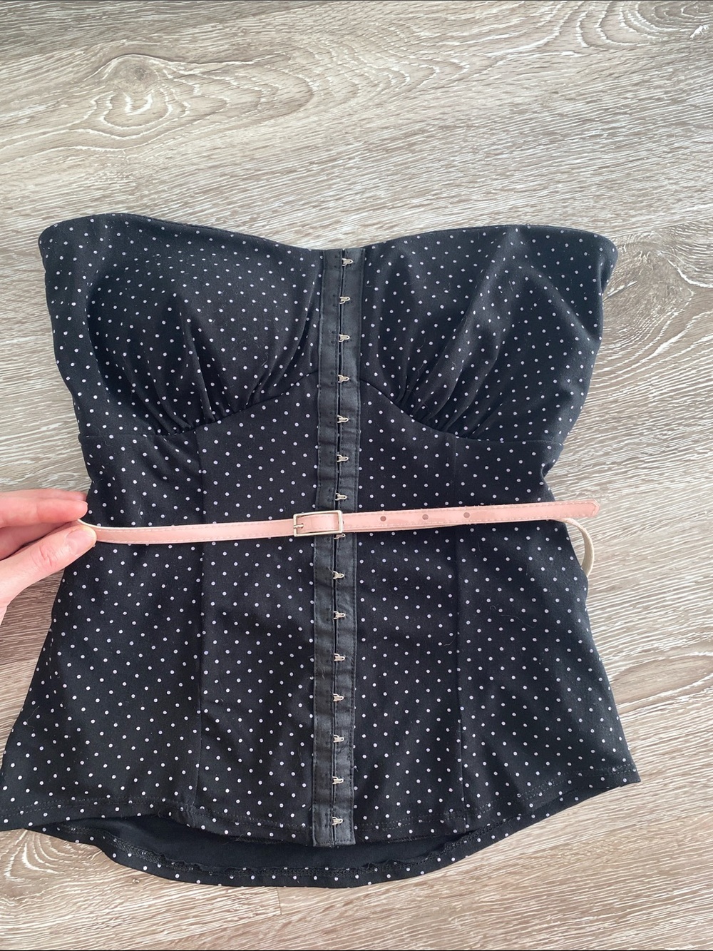 le chateau Black Polka Dot Strapless Bustier with Pink Belt